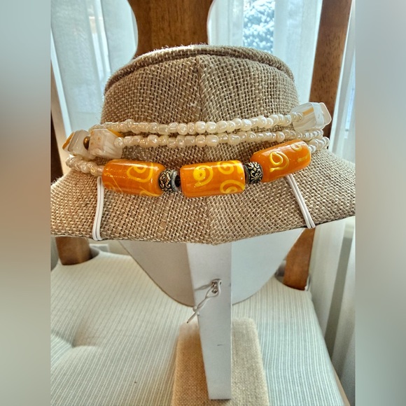Millefiori Cube & barrel Cream Mustard Orange Art-glass & Seed Bead Necklace - Picture 12 of 14